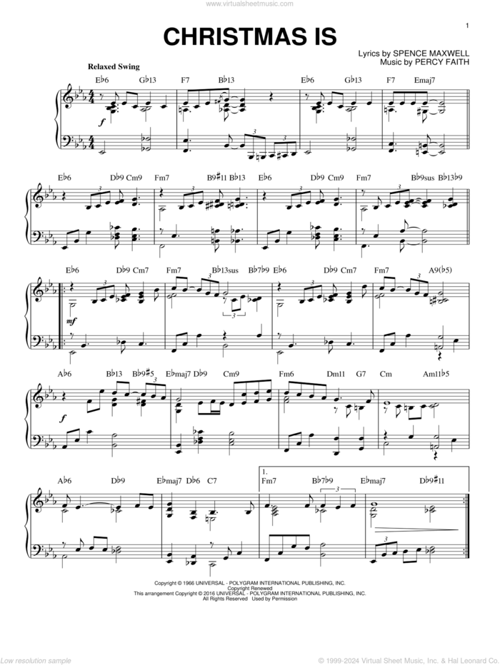 Christmas Is [Jazz version] (arr. Brent Edstrom) sheet music for piano solo by Percy Faith and Spence Maxwell, intermediate skill level