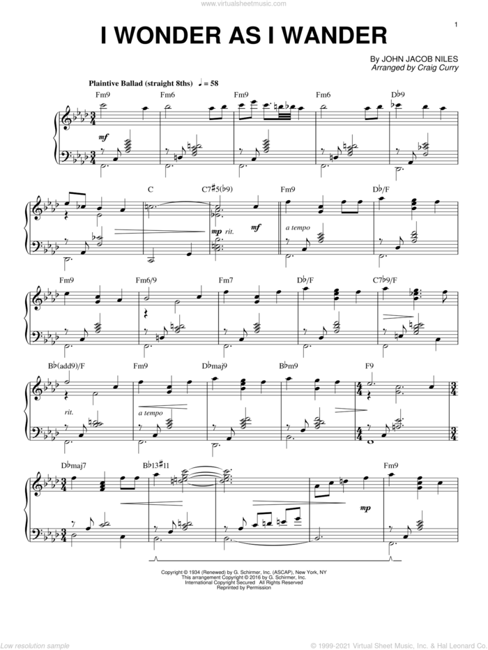 I Wonder As I Wander sheet music for piano solo by John Jacob Niles and Craig Curry, intermediate skill level