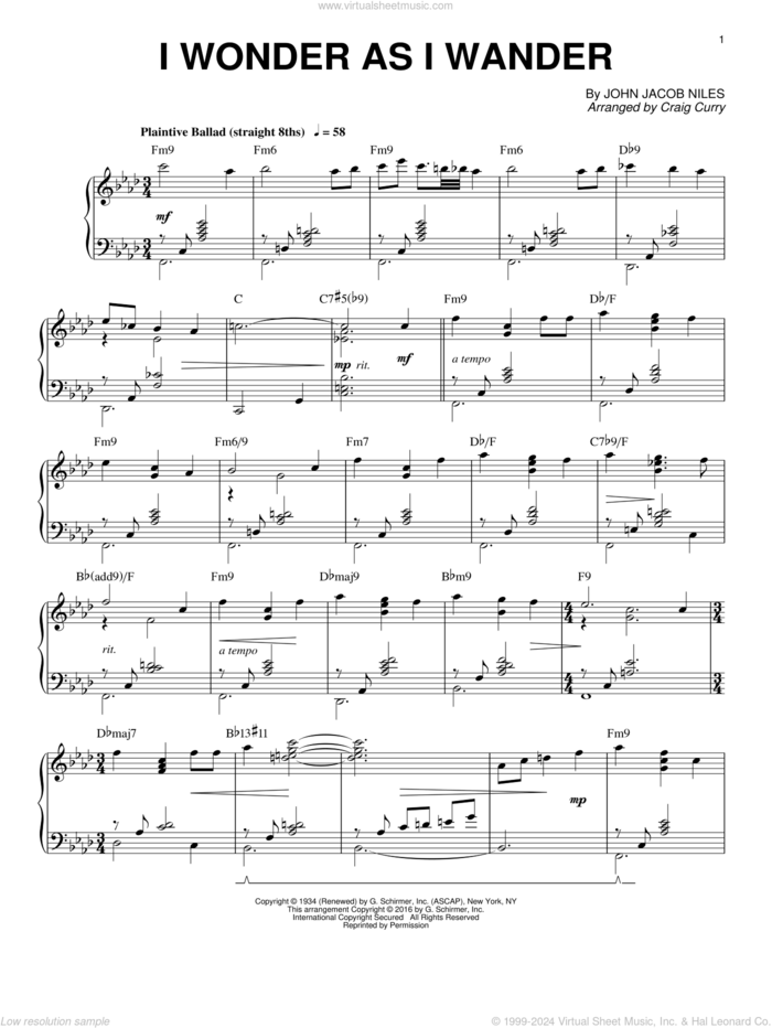 I Wonder As I Wander sheet music for piano solo by John Jacob Niles and Craig Curry, intermediate skill level