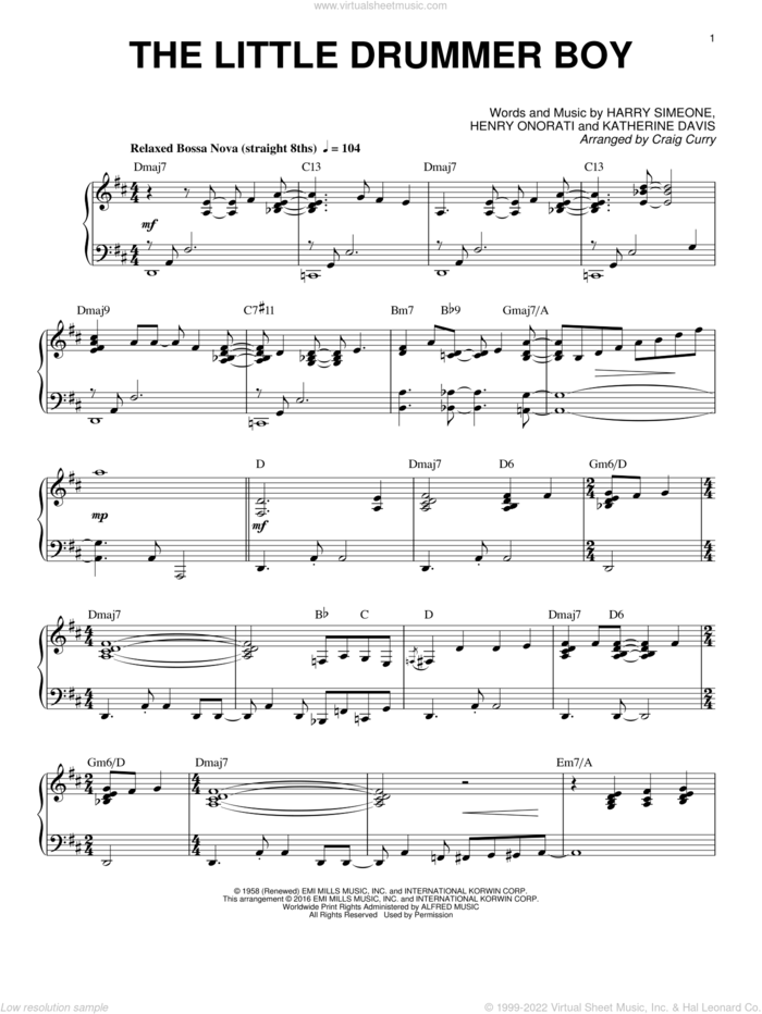 The Little Drummer Boy, (intermediate) sheet music for piano solo by Katherine Davis, Craig Curry, Harry Simeone and Henry Onorati, intermediate skill level