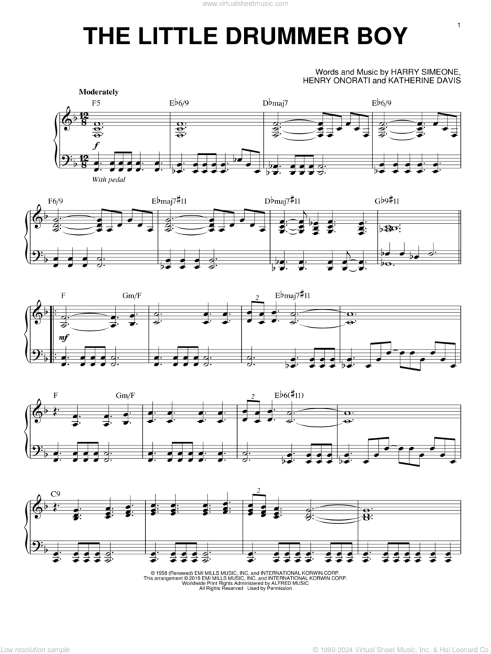 The Little Drummer Boy [Jazz version] (arr. Brent Edstrom) sheet music for piano solo by Katherine Davis, Harry Simeone and Henry Onorati, intermediate skill level