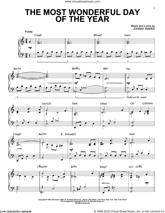 The Most Wonderful Day Of The Year [Jazz version] (arr. Brent Edstrom) sheet music for piano solo by Johnny Marks, intermediate skill level