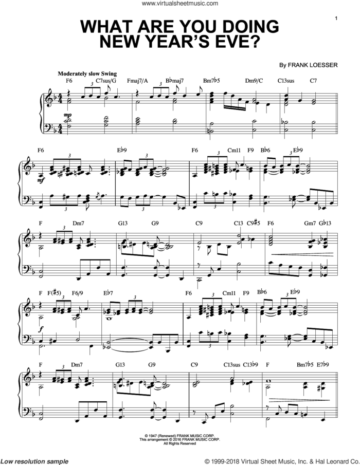 What Are You Doing New Year's Eve? [Jazz version] (arr. Brent Edstrom) sheet music for piano solo by Frank Loesser, intermediate skill level