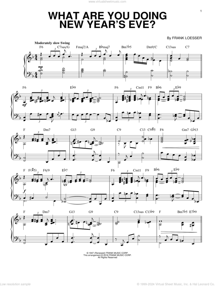 What Are You Doing New Year's Eve? [Jazz version] (arr. Brent Edstrom) sheet music for piano solo by Frank Loesser, intermediate skill level