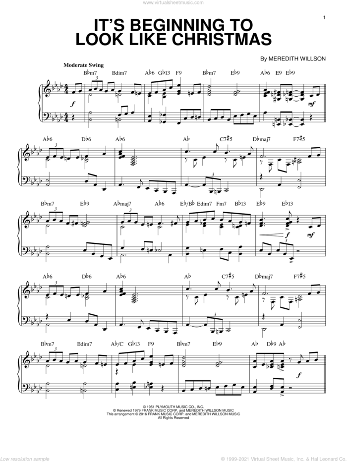It's Beginning To Look Like Christmas [Jazz version] (arr. Brent Edstrom) sheet music for piano solo by Meredith Willson, intermediate skill level