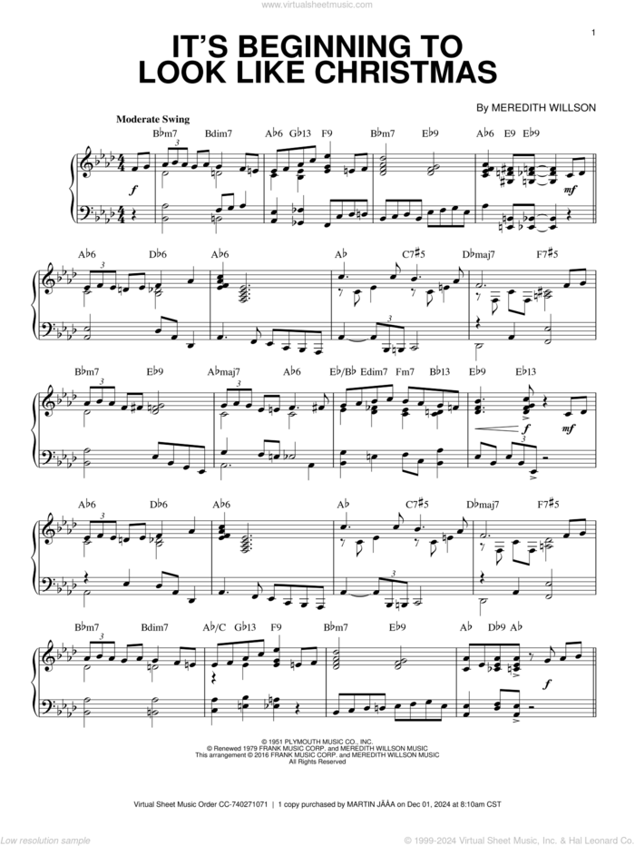 It's Beginning To Look Like Christmas [Jazz version] (arr. Brent Edstrom) sheet music for piano solo by Meredith Willson, intermediate skill level