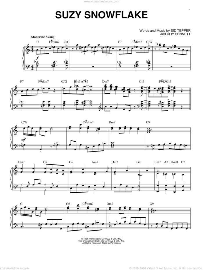 Suzy Snowflake [Jazz version] (arr. Brent Edstrom) sheet music for piano solo by Sid Tepper and Roy Bennett, intermediate skill level