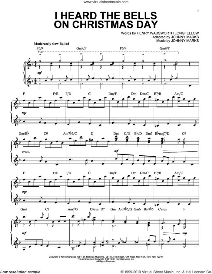 I Heard The Bells On Christmas Day [Jazz version] (arr. Brent Edstrom) sheet music for piano solo by Johnny Marks and Henry Wadsworth Longfellow, intermediate skill level