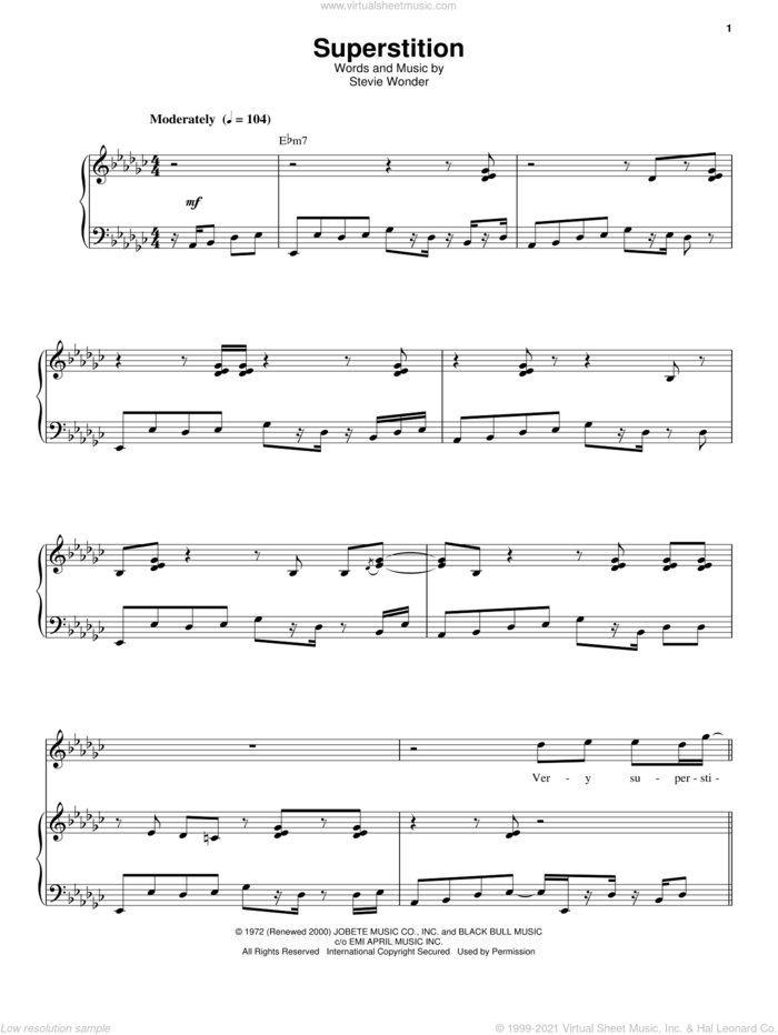 Superstition sheet music for keyboard or piano by Stevie Wonder, intermediate skill level