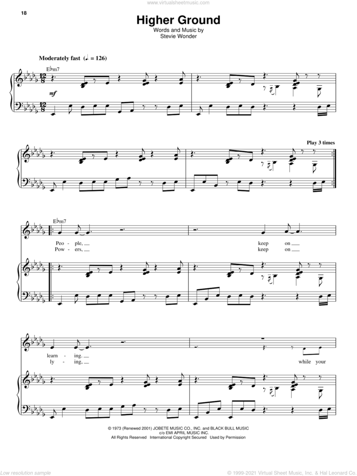 Higher Ground sheet music for keyboard or piano by Stevie Wonder and Red Hot Chili Peppers, intermediate skill level