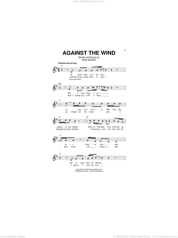 Against The Wind sheet music for voice and other instruments (fake book) by Bob Seger and Bob Seger & The Silver Bullet Band, intermediate skill level