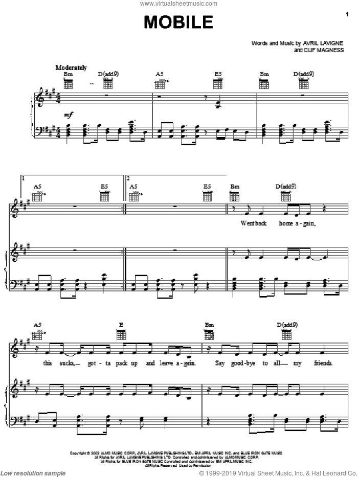 Mobile sheet music for voice, piano or guitar by Avril Lavigne and Clif Magness, intermediate skill level