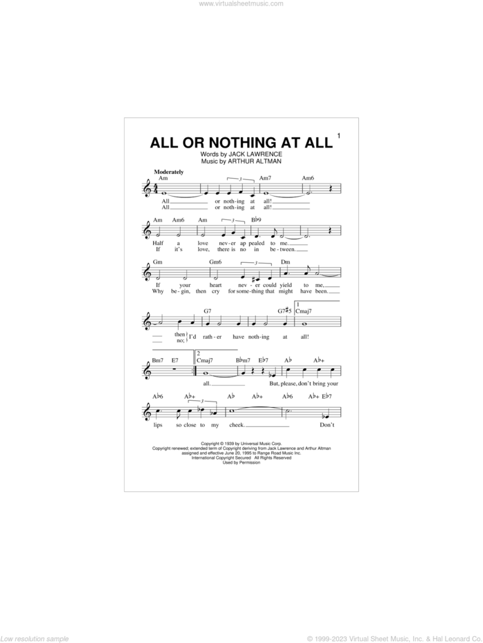 All Or Nothing At All sheet music for voice and other instruments (fake book) by Frank Sinatra, Arthur Altman and Jack Lawrence, intermediate skill level