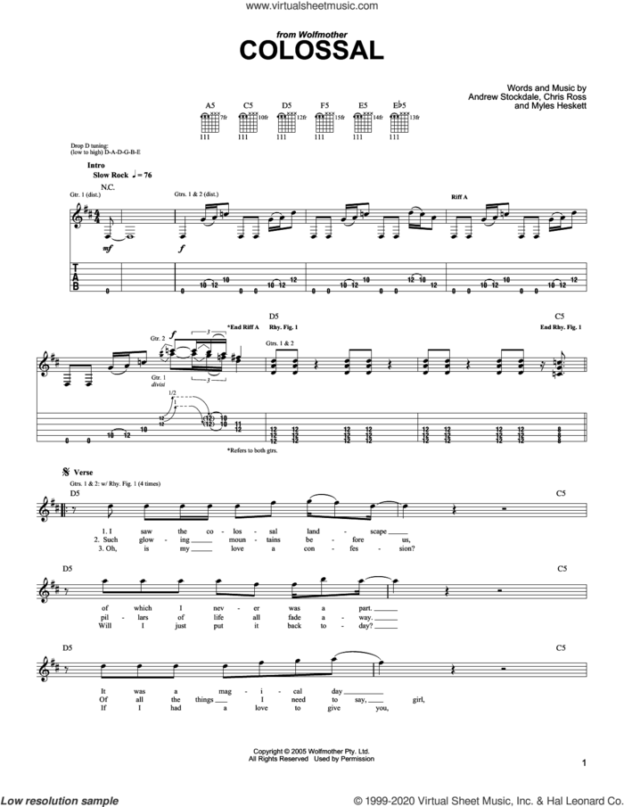 Colossal sheet music for guitar (tablature) by Wolfmother, Andrew Stockdale, Chris Ross and Myles Heskett, intermediate skill level