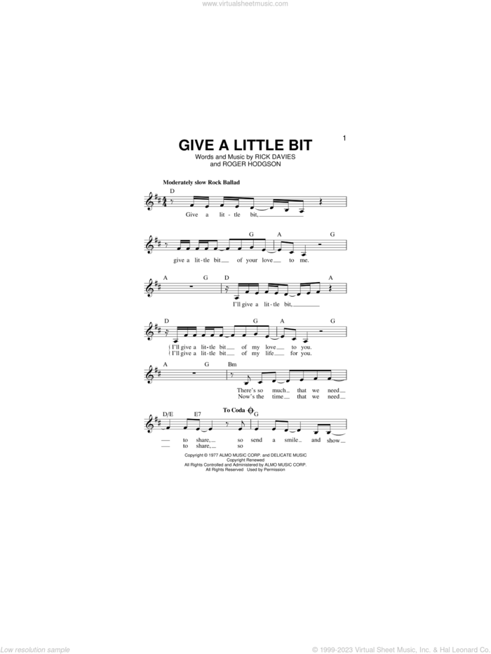 Give A Little Bit sheet music for voice and other instruments (fake book) by Supertramp, Rick Davies and Roger Hodgson, intermediate skill level