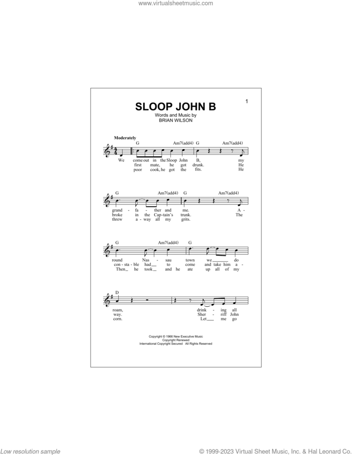 Sloop John B sheet music for voice and other instruments (fake book) by The Beach Boys and West Indies Folk Song, intermediate skill level