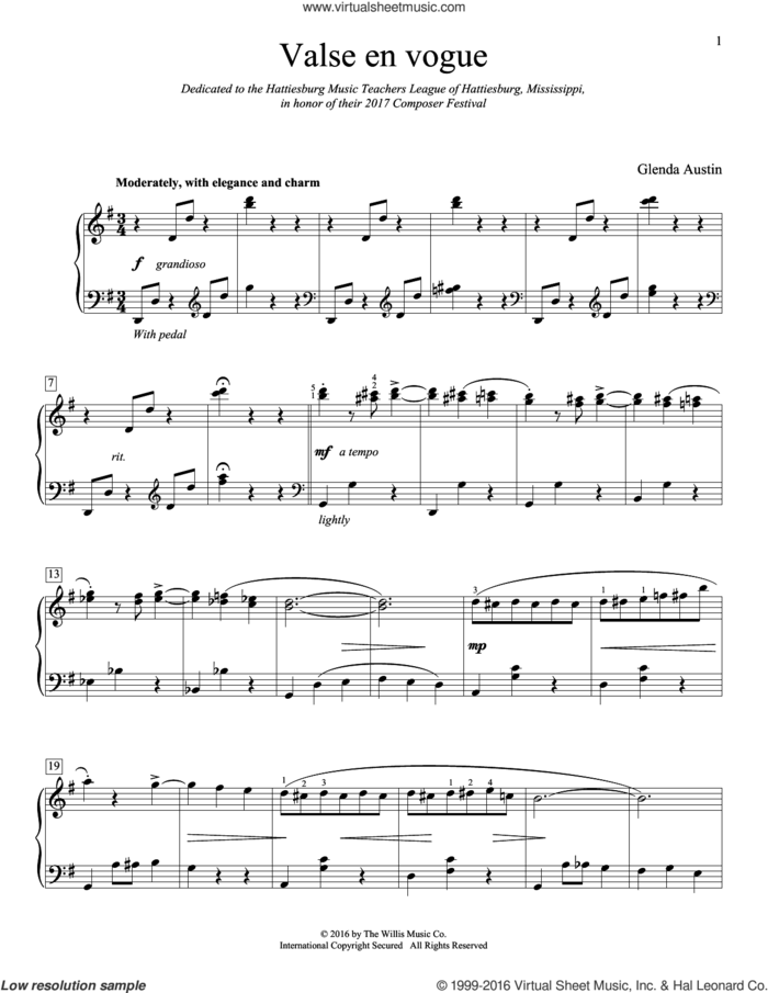 Valse En Vogue sheet music for piano solo (elementary) by Glenda Austin, beginner piano (elementary)