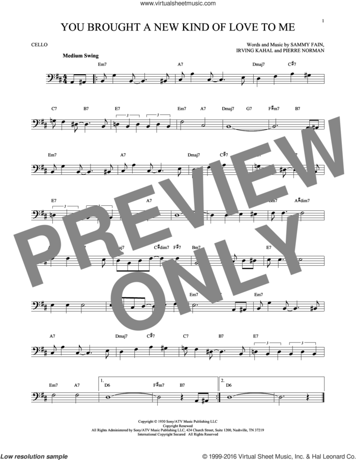 You Brought A New Kind Of Love To Me sheet music for cello solo by Sammy Fain, Scott Hamilton, Irving Kahal and Pierre Norman, intermediate skill level