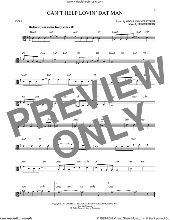 Can't Help Lovin' Dat Man sheet music for viola solo by Oscar II Hammerstein, Annette Warren, Helen Morgan and Jerome Kern, intermediate skill level
