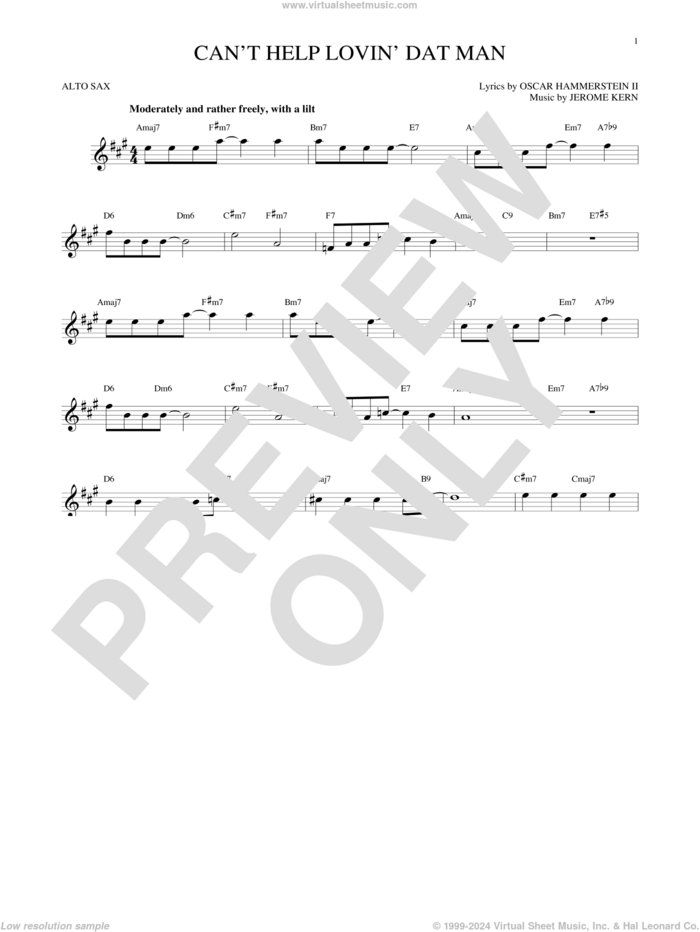 Can't Help Lovin' Dat Man sheet music for alto saxophone solo by Oscar II Hammerstein, Annette Warren, Helen Morgan and Jerome Kern, intermediate skill level