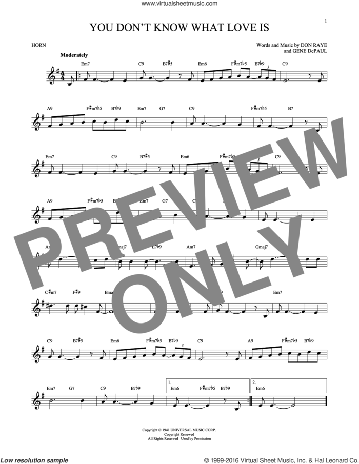 You Don't Know What Love Is sheet music for horn solo by Don Raye, Carol Bruce and Gene DePaul, intermediate skill level