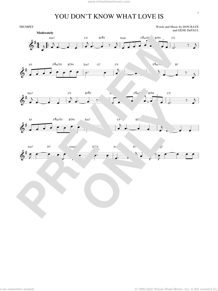 You Don't Know What Love Is sheet music for trumpet solo by Don Raye, Carol Bruce and Gene DePaul, intermediate skill level