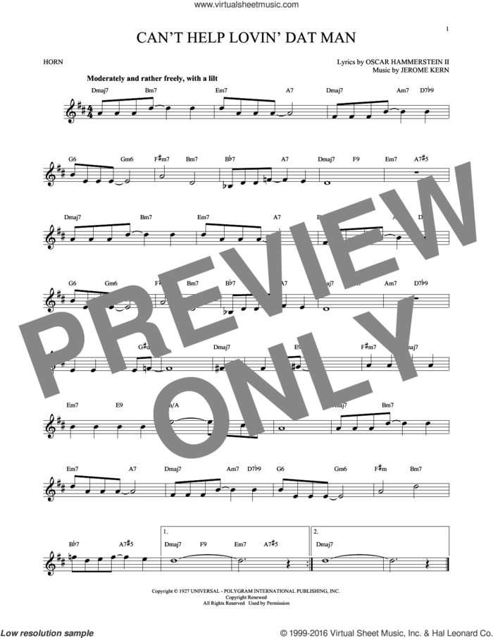 Can't Help Lovin' Dat Man sheet music for horn solo by Oscar II Hammerstein, Annette Warren, Helen Morgan and Jerome Kern, intermediate skill level