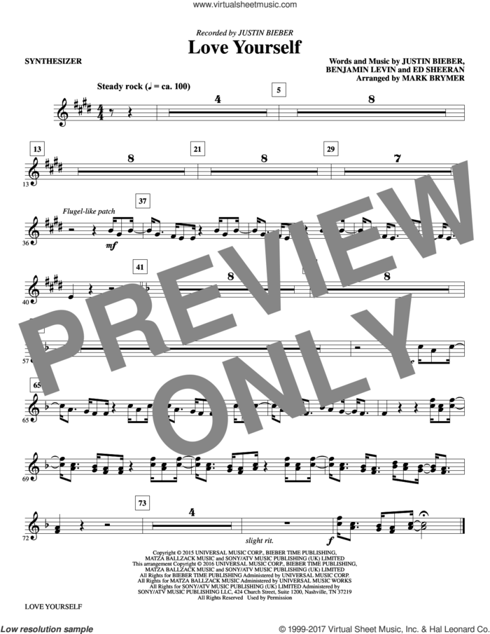 Love Yourself (complete set of parts) sheet music for orchestra/band by Mark Brymer, Benjamin Levin, Ed Sheeran and Justin Bieber, intermediate skill level