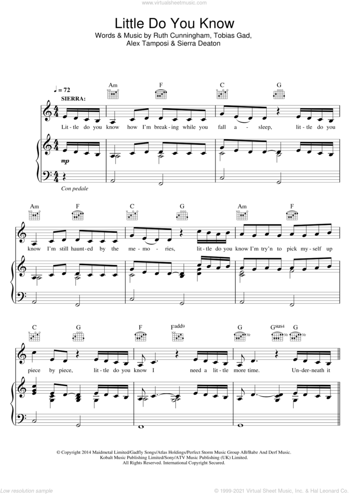 Little Do You Know sheet music for voice, piano or guitar by Alex & Sierra, intermediate skill level