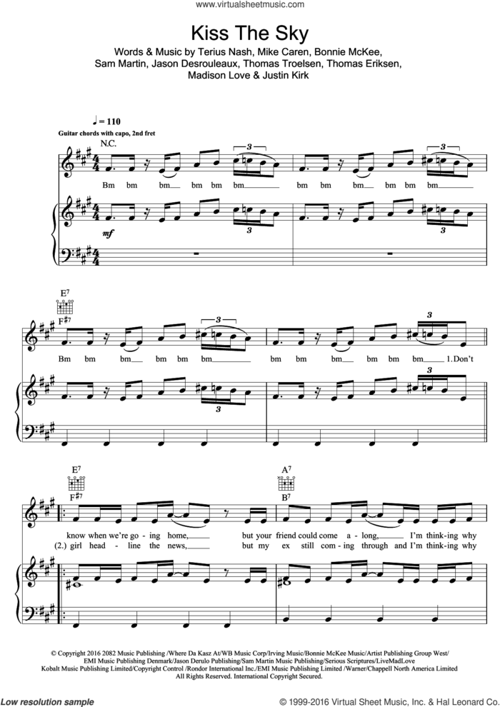 Kiss The Sky sheet music for voice, piano or guitar by Jason Derulo, intermediate skill level