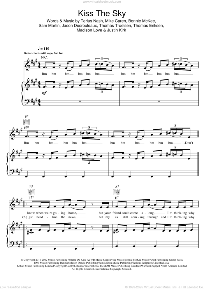 Kiss The Sky sheet music for voice, piano or guitar by Jason Derulo, intermediate skill level