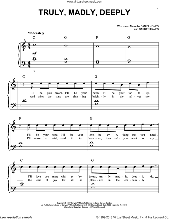 Truly, Madly, Deeply, (easy) sheet music for piano solo by Savage Garden, Danny Jones and Darren Hayes, wedding score, easy skill level