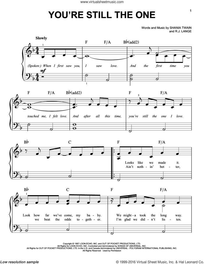 You're Still The One sheet music for piano solo by Shania Twain and Robert John Lange, wedding score, easy skill level