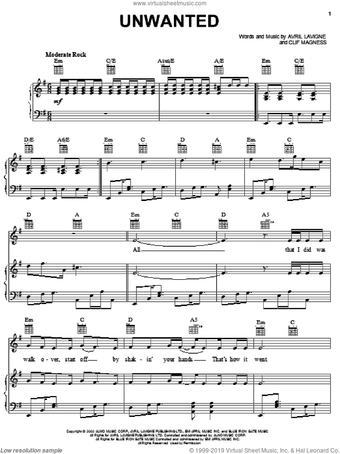 Unwanted sheet music for voice, piano or guitar by Avril Lavigne and Clif Magness, intermediate skill level