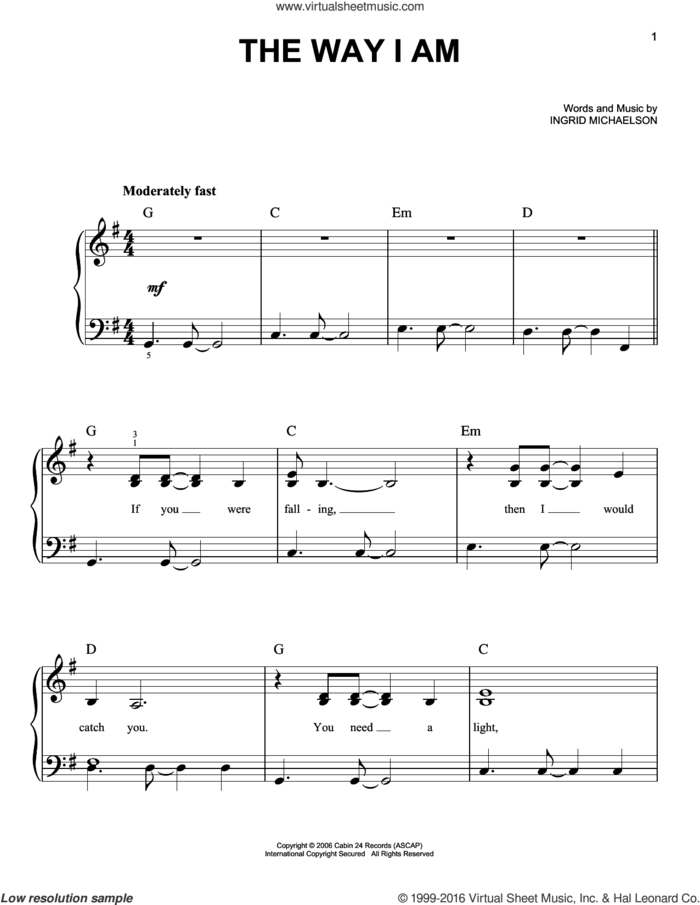 The Way I Am sheet music for piano solo by Ingrid Michaelson, wedding score, easy skill level