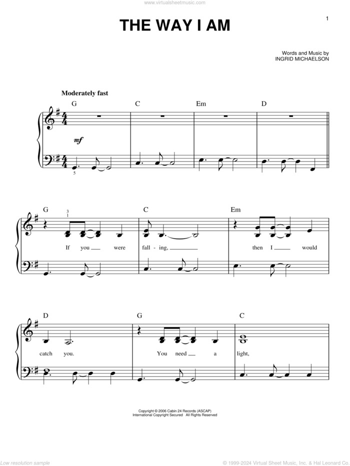 The Way I Am sheet music for piano solo by Ingrid Michaelson, wedding score, easy skill level