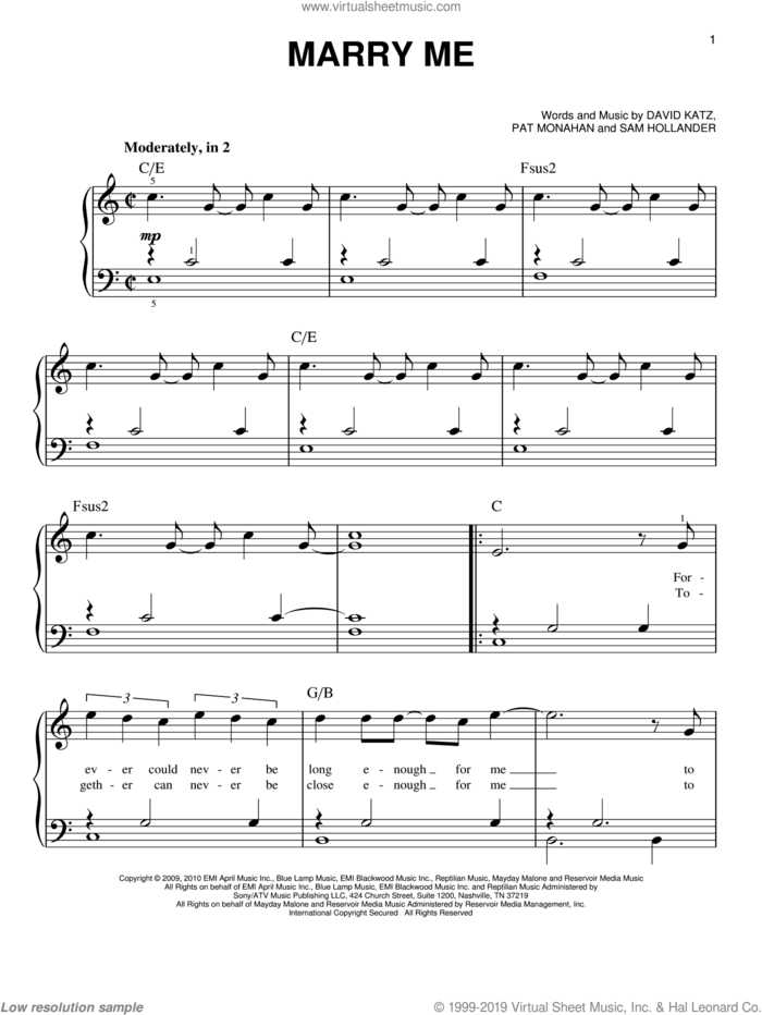 Marry Me sheet music for piano solo by Train, David Katz, Pat Monahan and Sam Hollander, wedding score, easy skill level