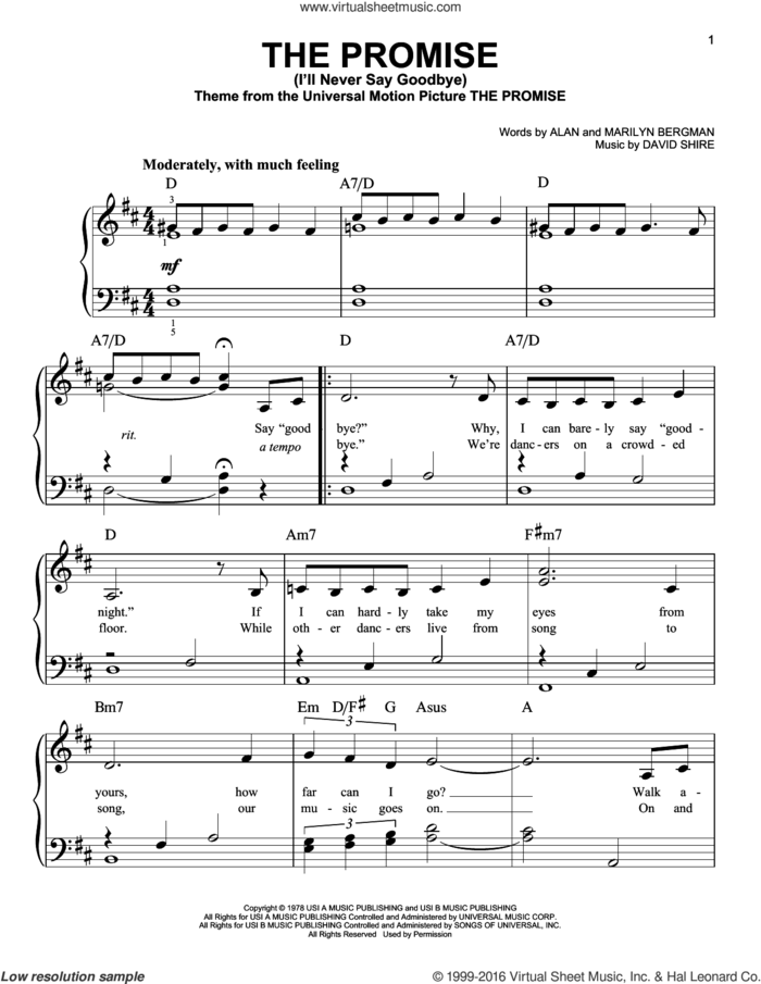 The Promise (I'll Never Say Goodbye) sheet music for piano solo by David Shire, Alan Bergman and Marilyn Bergman, wedding score, easy skill level