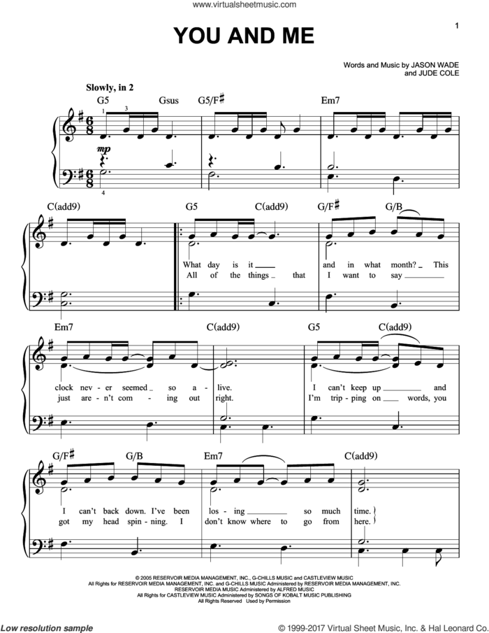 You And Me, (easy) sheet music for piano solo by Lifehouse, Jason Wade and Jude Cole, wedding score, easy skill level