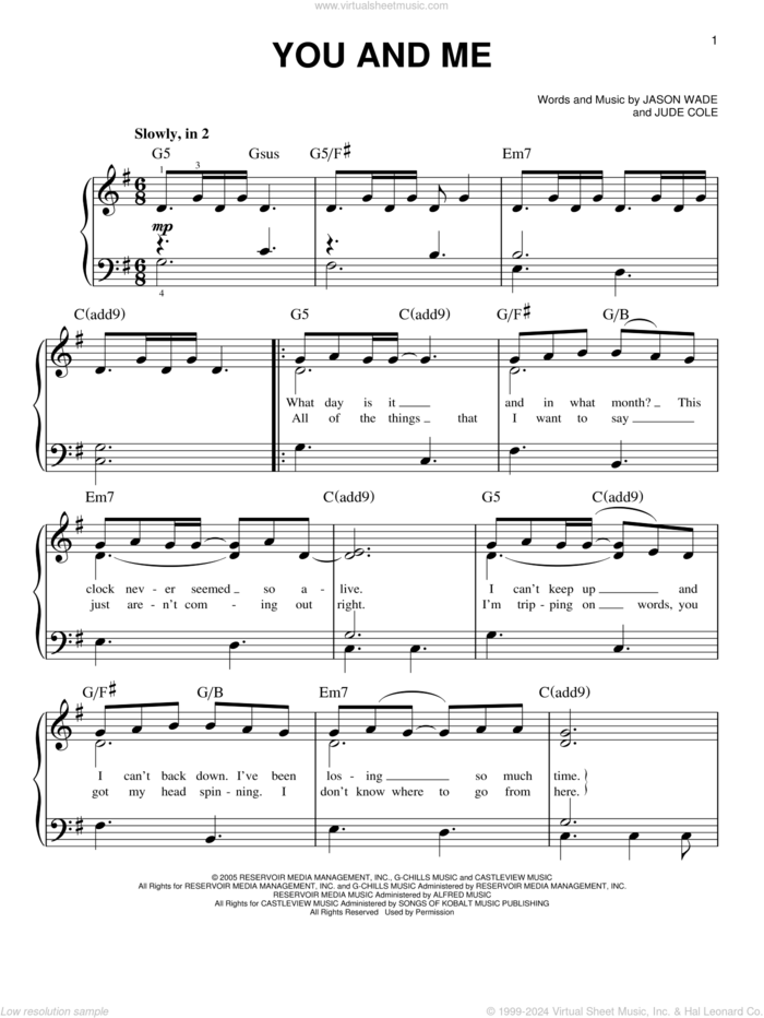 You And Me, (easy) sheet music for piano solo by Lifehouse, Jason Wade and Jude Cole, wedding score, easy skill level