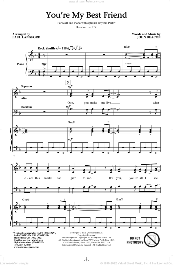 You're My Best Friend (arr. Paul Langford) sheet music for choir (SAB: soprano, alto, bass) by Paul Langford, Queen and John Deacon, intermediate skill level