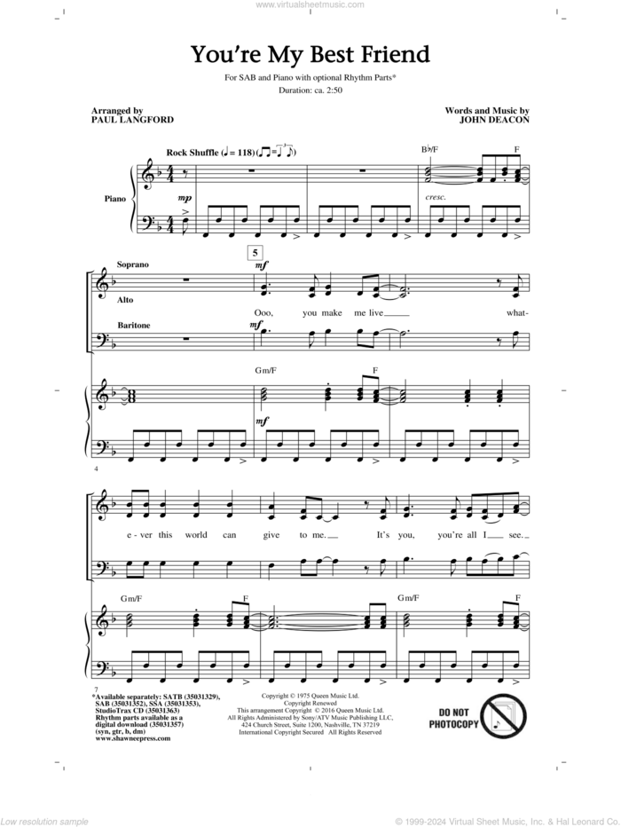 You're My Best Friend (arr. Paul Langford) sheet music for choir (SAB: soprano, alto, bass) by Paul Langford, Queen and John Deacon, intermediate skill level