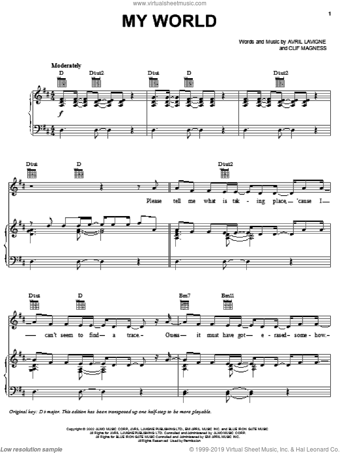 My World sheet music for voice, piano or guitar by Avril Lavigne and Clif Magness, intermediate skill level