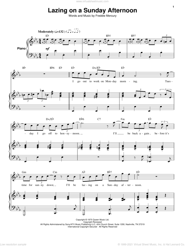 Lazing On A Sunday Afternoon sheet music for keyboard or piano by Queen and Freddie Mercury, intermediate skill level