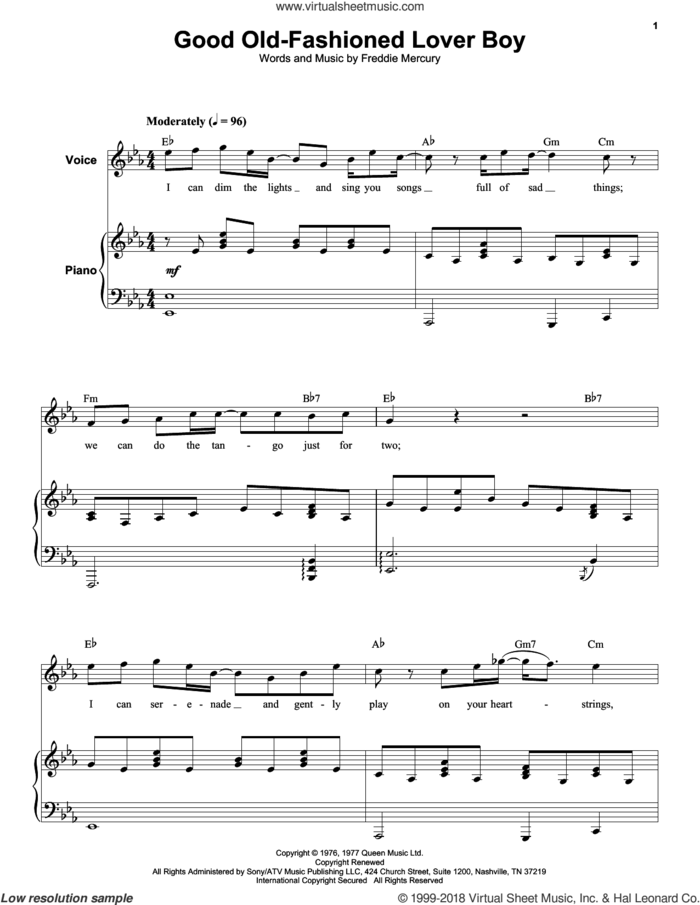 Good Old-Fashioned Lover Boy sheet music for keyboard or piano by Queen and Freddie Mercury, intermediate skill level
