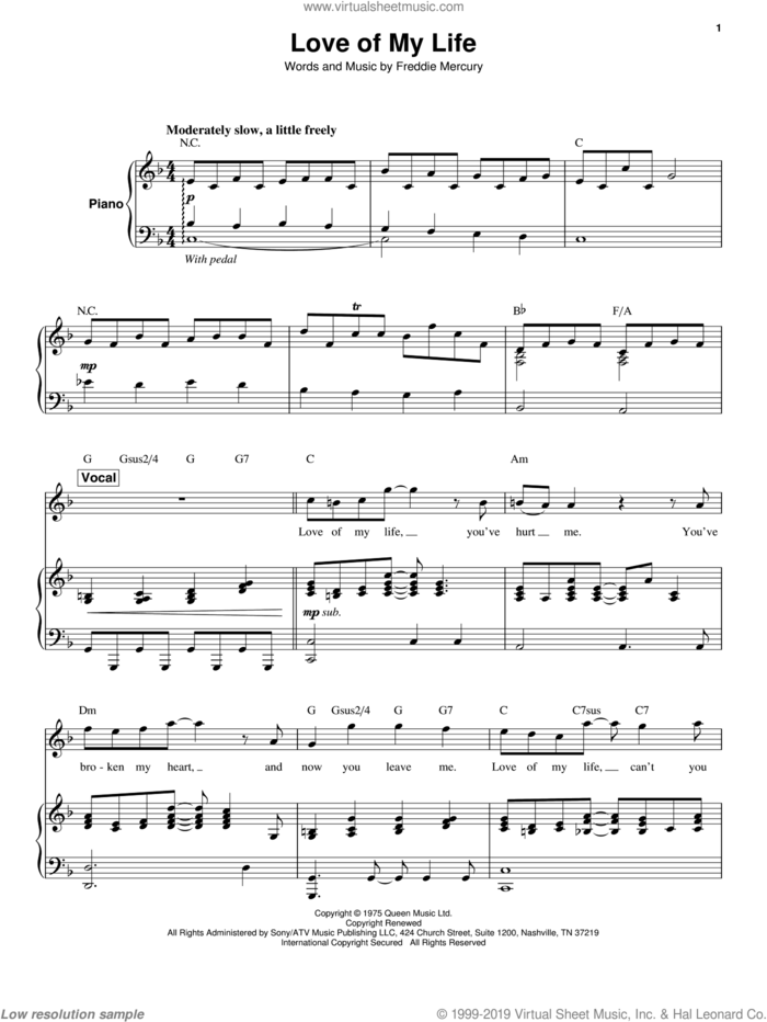 Love Of My Life sheet music for keyboard or piano by Queen and Freddie Mercury, intermediate skill level