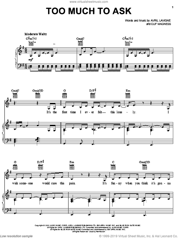 Too Much To Ask sheet music for voice, piano or guitar by Avril Lavigne and Clif Magness, intermediate skill level