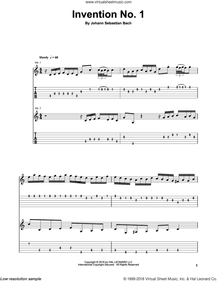 Invention No. 1 sheet music for guitar (tablature, play-along) by Johann Sebastian Bach, classical score, intermediate skill level