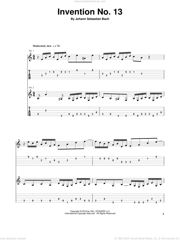 Invention No.13 sheet music for two guitars with tablature by Johann Sebastian Bach, classical score, intermediate skill level