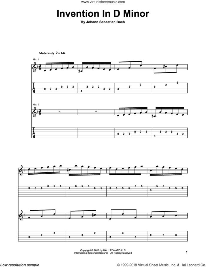 Invention In D Minor sheet music for guitar (tablature, play-along) by Johann Sebastian Bach, classical score, intermediate skill level